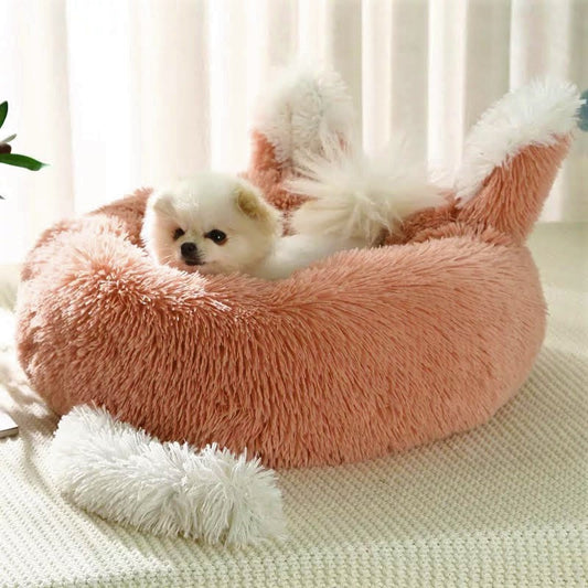 Ultra-Soft Plush Pet Bed with Ears & Tail – Cozy Calming Bed for Cats & Small Dogs (Non-Slip & Washable)